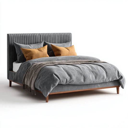 Polsterbett Doppelbett Grau 180 x 200 cm mit geripptem Kopfteil Polyester-Samt und Massivholzfüßen