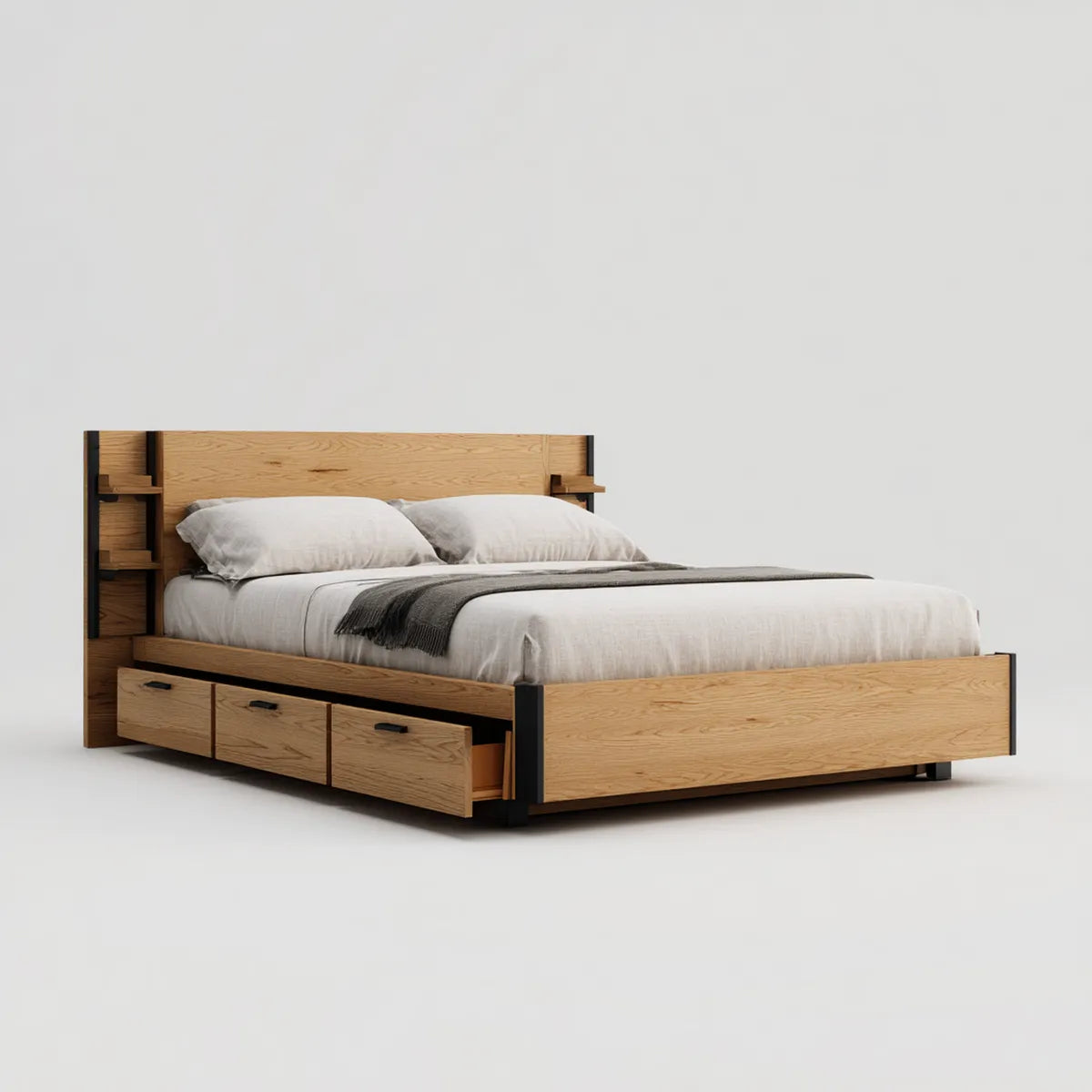Doppelbett mit Stauraum Eichefarben Schwarz 180 x 200 cm Spanplatte Stahl Rechteckig