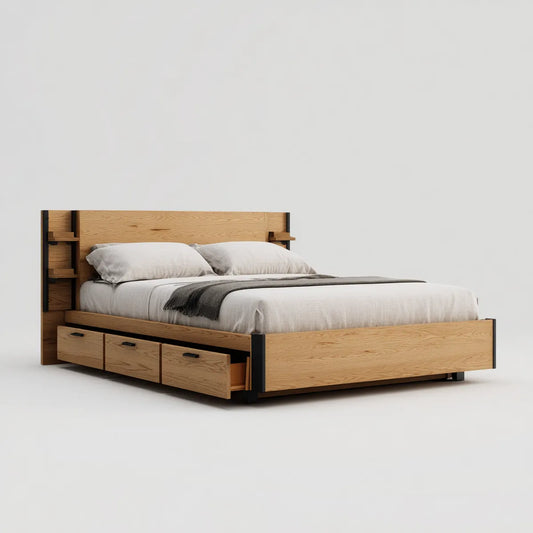 Doppelbett mit Stauraum Eichefarben Schwarz 180 x 200 cm Spanplatte Stahl Rechteckig