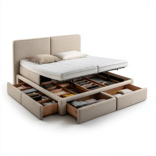 Stauraumbett Polsterbett Beige 180 x 200 cm Polyester Rechteckig mit 4 Schubladen und Klappfunktion