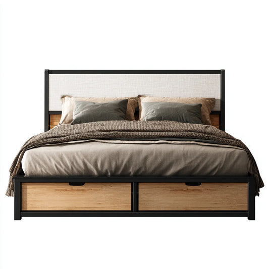 Stauraumbett mit 2 Schubladen Schwarz Eichenoptik 160 x 200 cm Stahl MDF Rechteckig