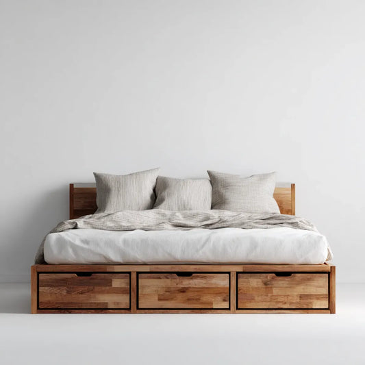 Stauraumbett Doppelbett Naturbraun 180 x 200 cm aus Akazien-Massivholz rechteckig mit 3 Schubladen