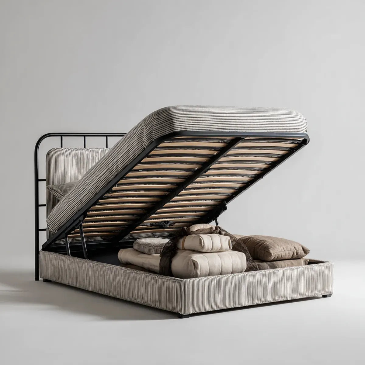 Stauraumbett Doppelbett Beige Grau 160 x 200 cm mit Polyesterbezug und Metallrahmen Rechteckig